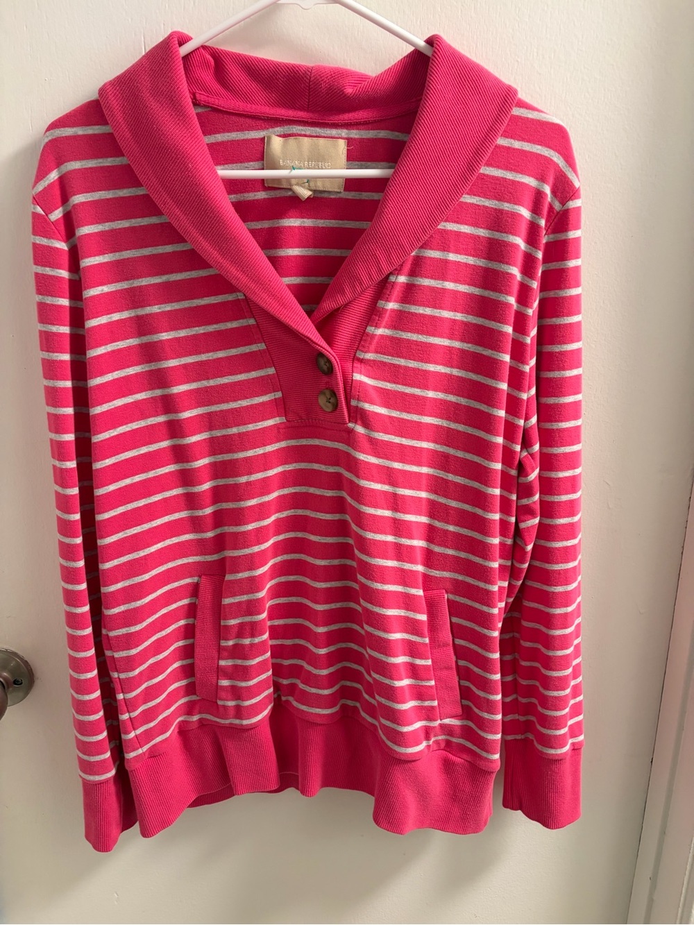 Banana Republic Hot Pink & White Striped Shawl-Collar Pullover